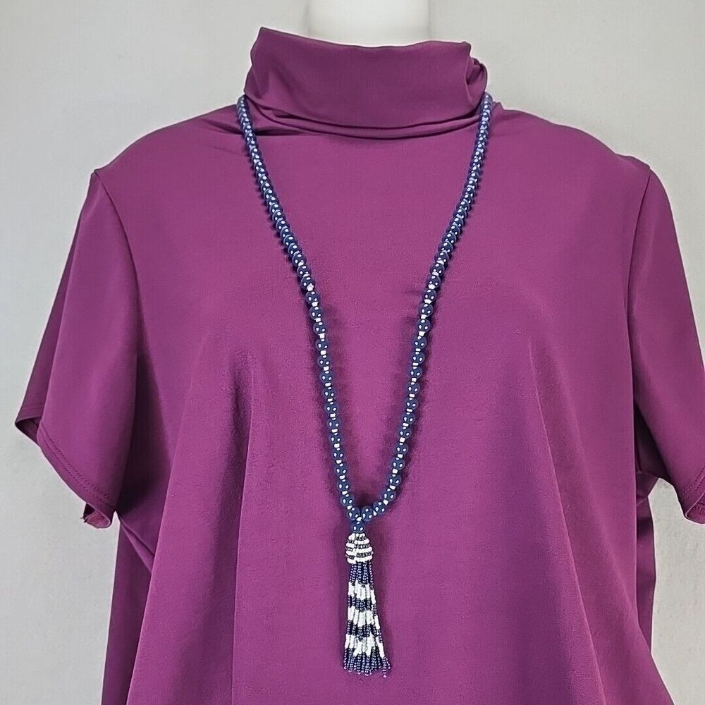 Vineyard Vines Necklace light  Blue  white  beaded tassel 34"
